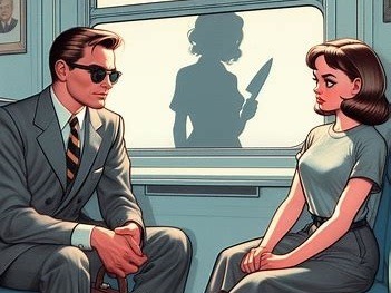 Marilyn en Stefan tegenover elkaar in de treincoupé, buiten het raam het silhouet van Ramona met een mes. Afbeelding gegenereerd met AI