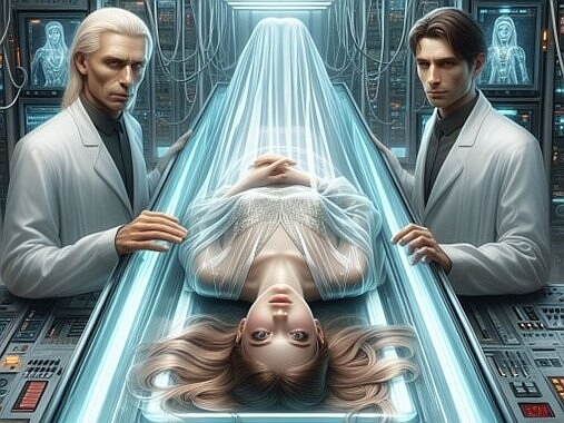 Vrouw in glazen kist met twee wetenschappers eromheen (AI-gegenereerd)